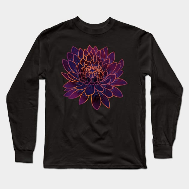 Colorful chrysanthemum or Mums flower drawing - faded orange with purple and blue lines in the petals. Long Sleeve T-Shirt by DaveDanchuk